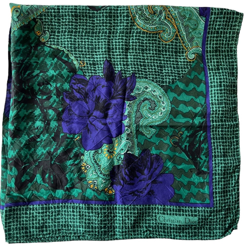 Christian Dior Autumn Green Hues Violet Floral Paisley Silk Scarf Authentic
